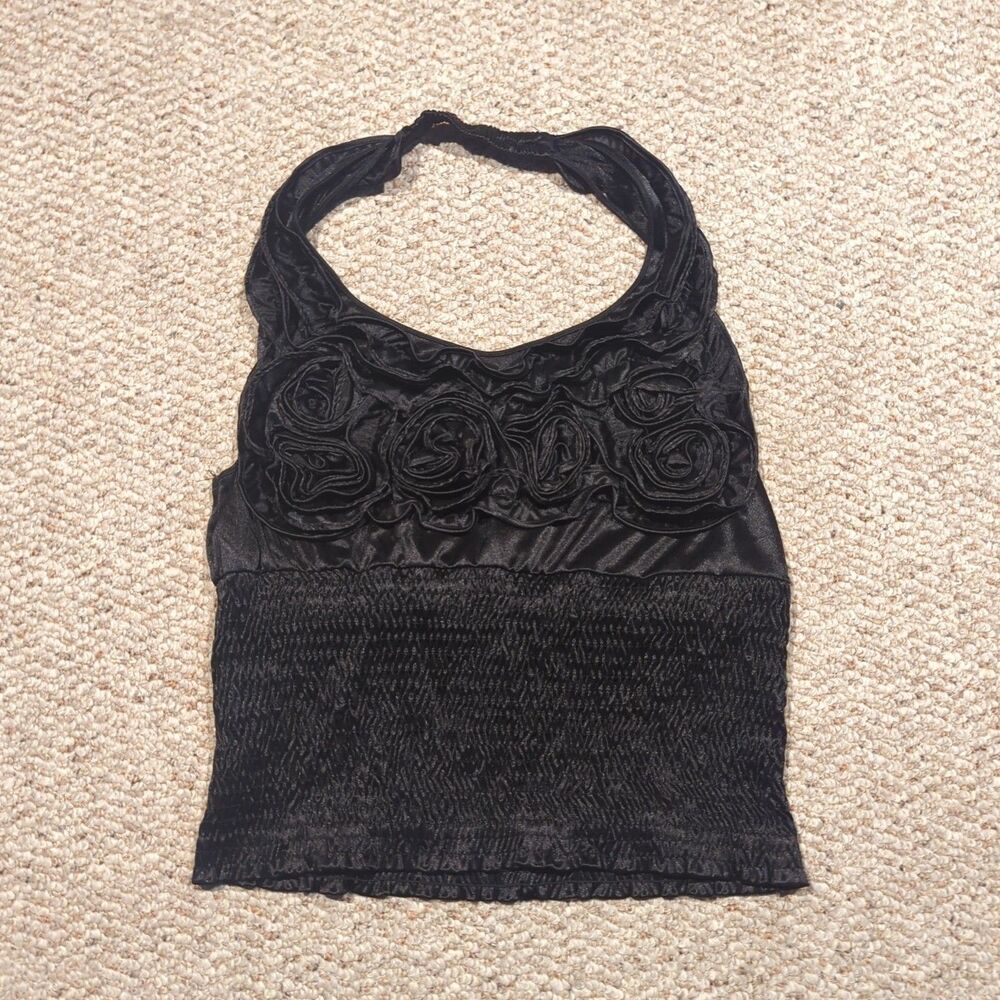 Y2K Vintage Wet Seal Halter Top Medium Black Satin Rosette Smocked Goth Vamp
